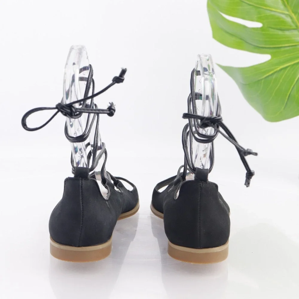 J JIll Womens Sandals Size 6.5  Black Leather Flat Ankle Wrap Tie Open Toe Shoes